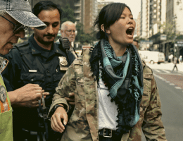 Joy Metzler being arrested as Veterans for Peace concluded their 40 day fast for Gaza with protests at both the Israeli consulate and the US mission to the UN in New York City, on June 1, 2025. (Photo: Alexa Wilkinson/instagram.com/framed.unrest)